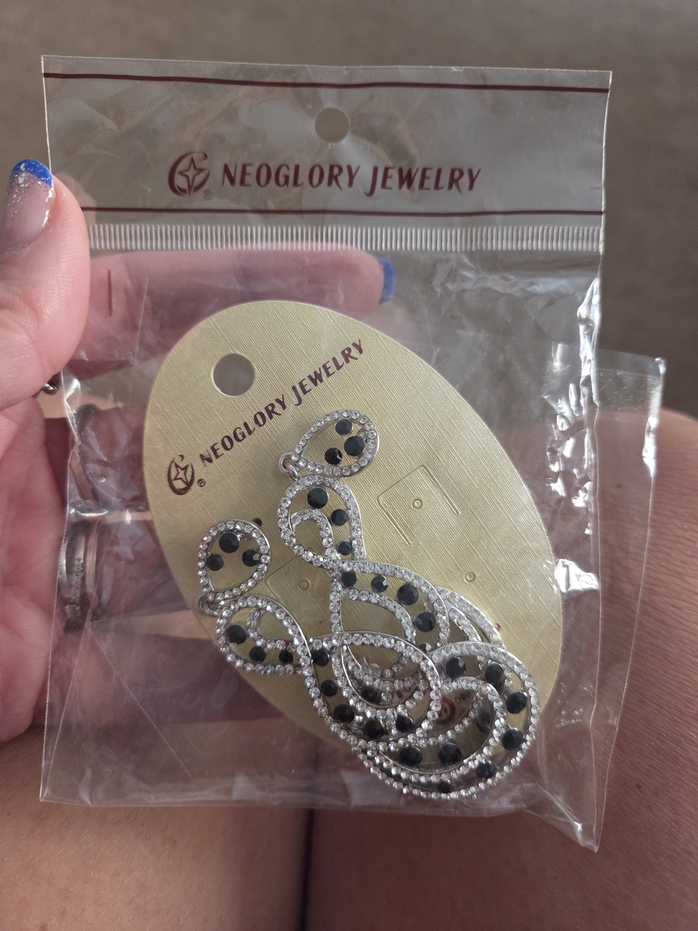 Silver Teardrop Earrings with Black Accents